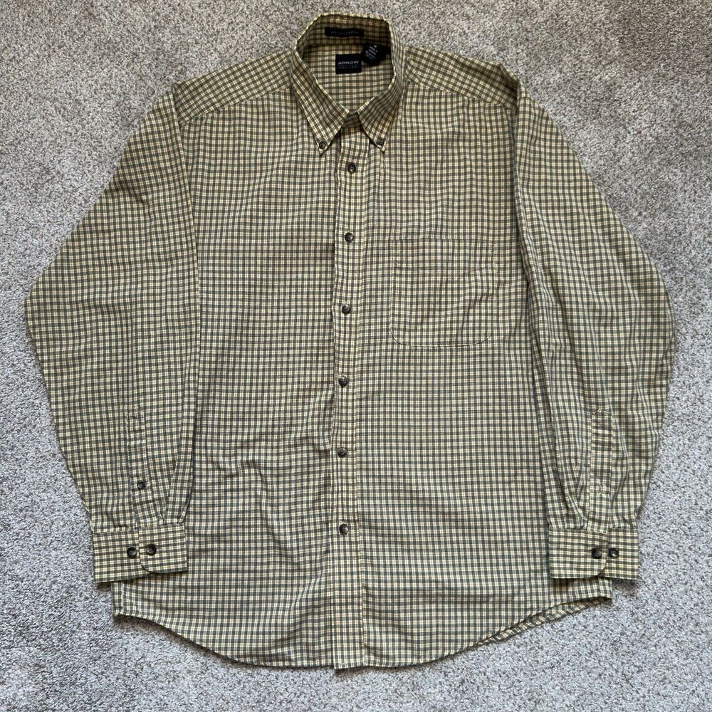 Arrow USA 1851 Mens Medium Wrinkle Free Plaid Button Down Shirt Tan Plaid M